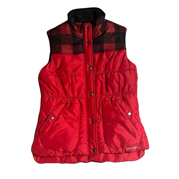 Eddie Bauer Puffer Vest Quilted Womens‎ Small Red Black Buffalo Plaid - Picture 1 of 8